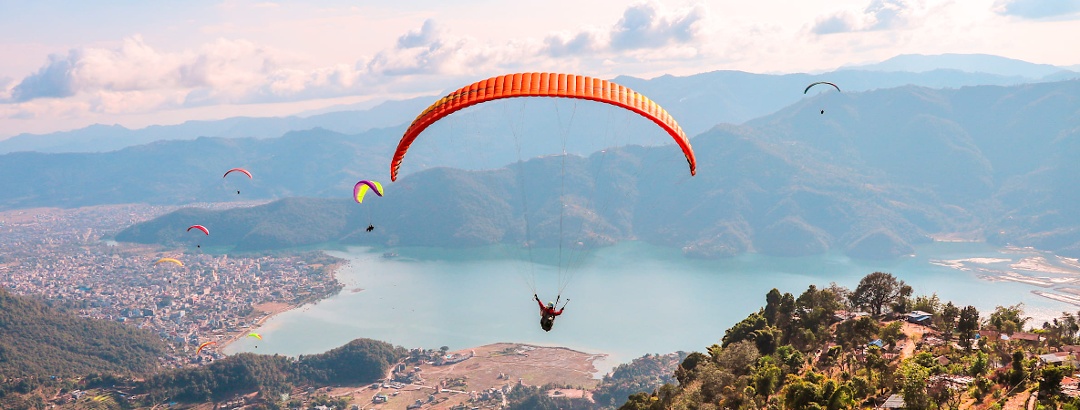 Arial view of Pokhara seen during paragliding in Nepal